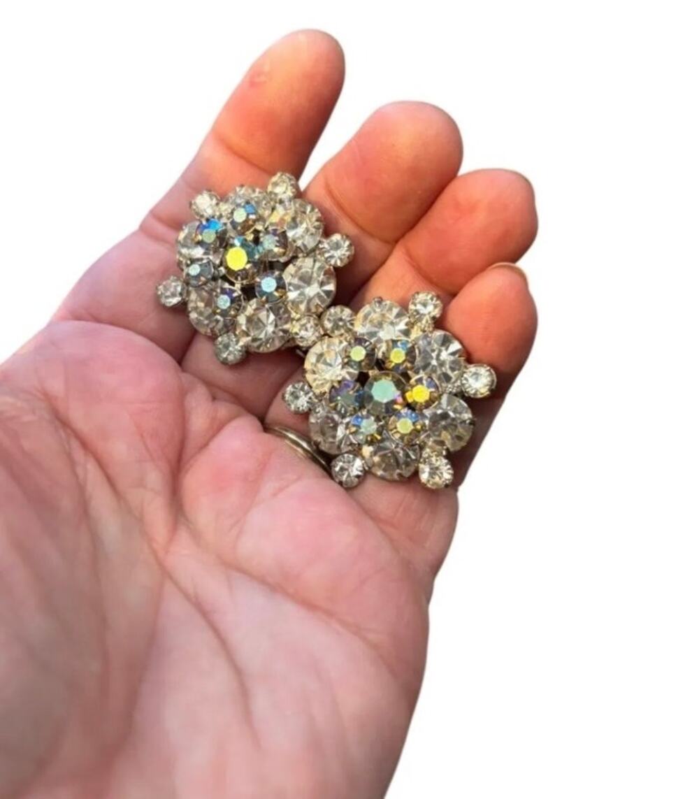 Vintage Clear & Aurora Borealis Rhinestone Cluster Clip On Earrings